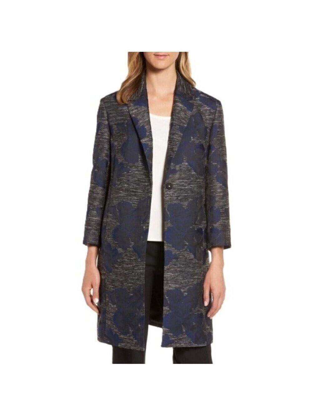 Emerson Rose Jacquard Jacket Gray Black Tweed W/ Navy Floral Knee Length Coat XS